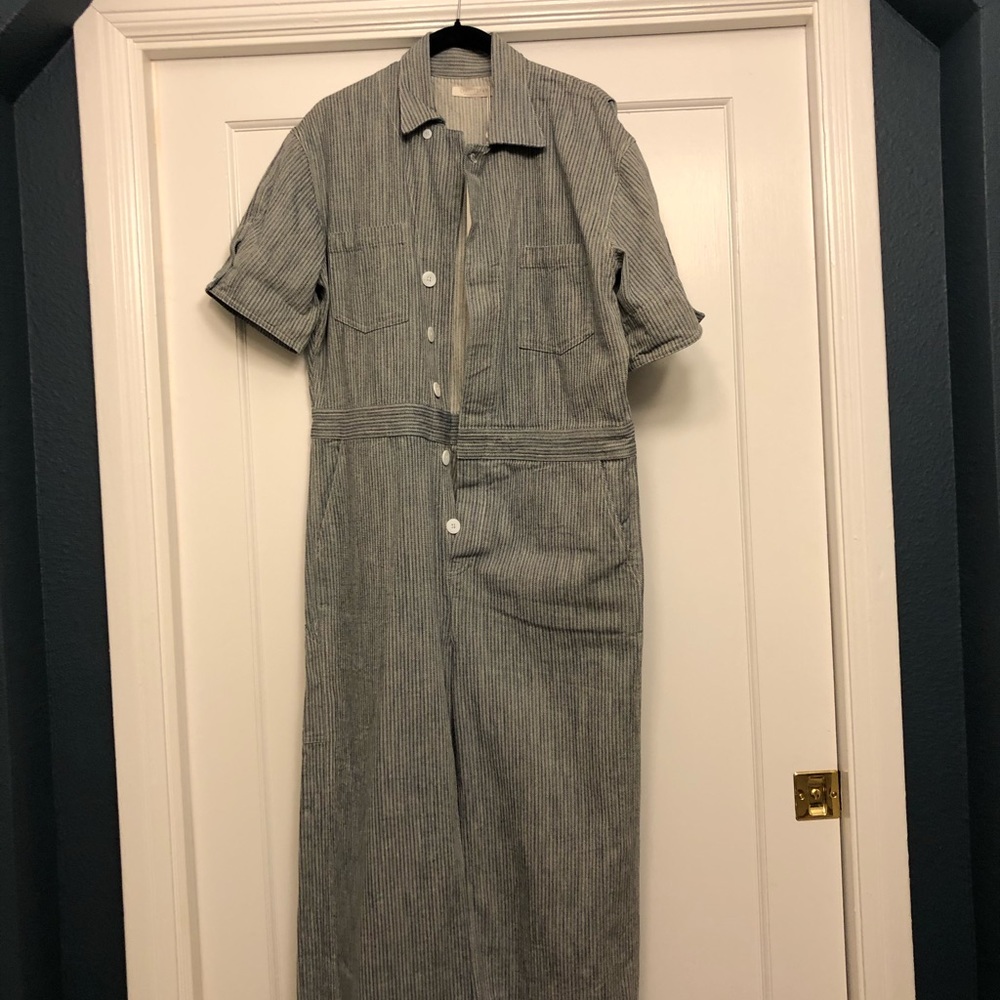 Christy Dawn Striped Short-Sleeve Button Front Jumpsuit in Light Gray and White